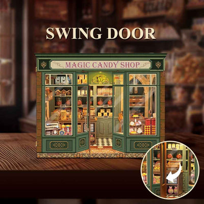 Magic Candy Shop with swinging front doors open and a door-motion inset.