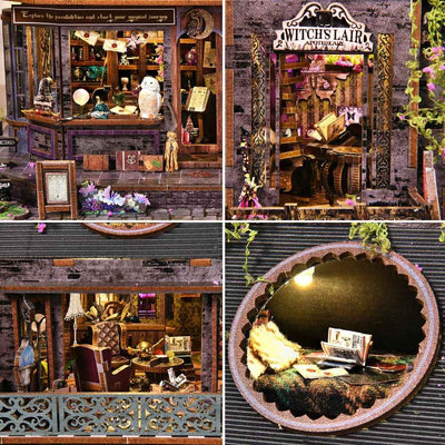 Magic Castle details showing miniature shop rooms, a witch's lair and a round attic opening.