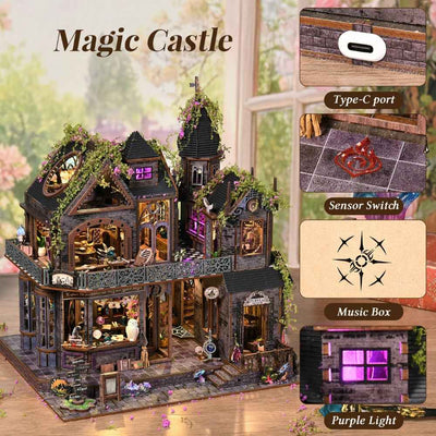 Magic Castle feature collage showing the USB-C port, sensor switch, music feature and purple light.