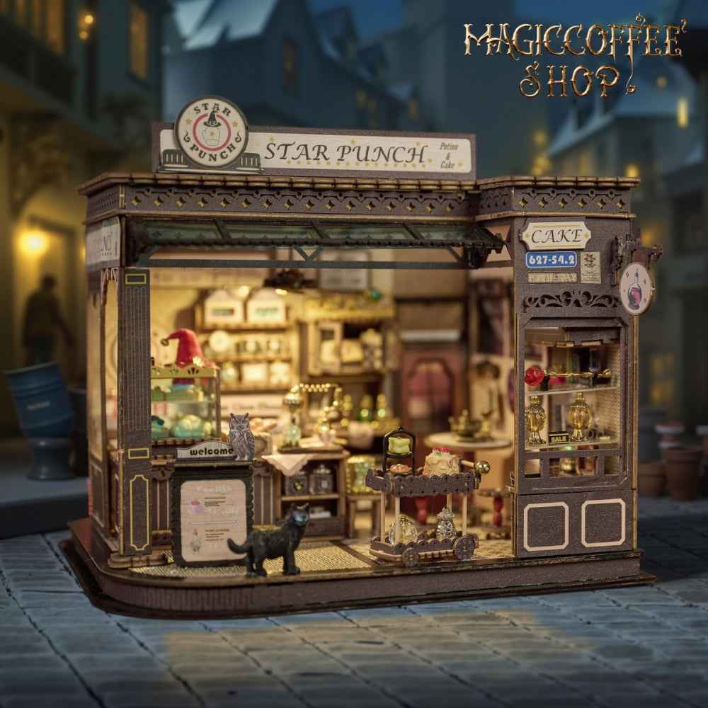 Magic Coffee Shop illuminated storefront with a Star Punch sign and miniature café counter.