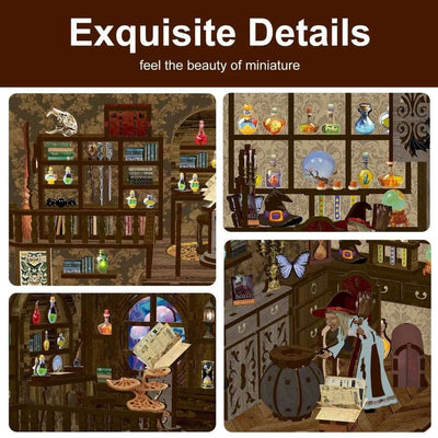 Magic Night detail collage showing potion shelves, a miniature desk and a wizard figure.