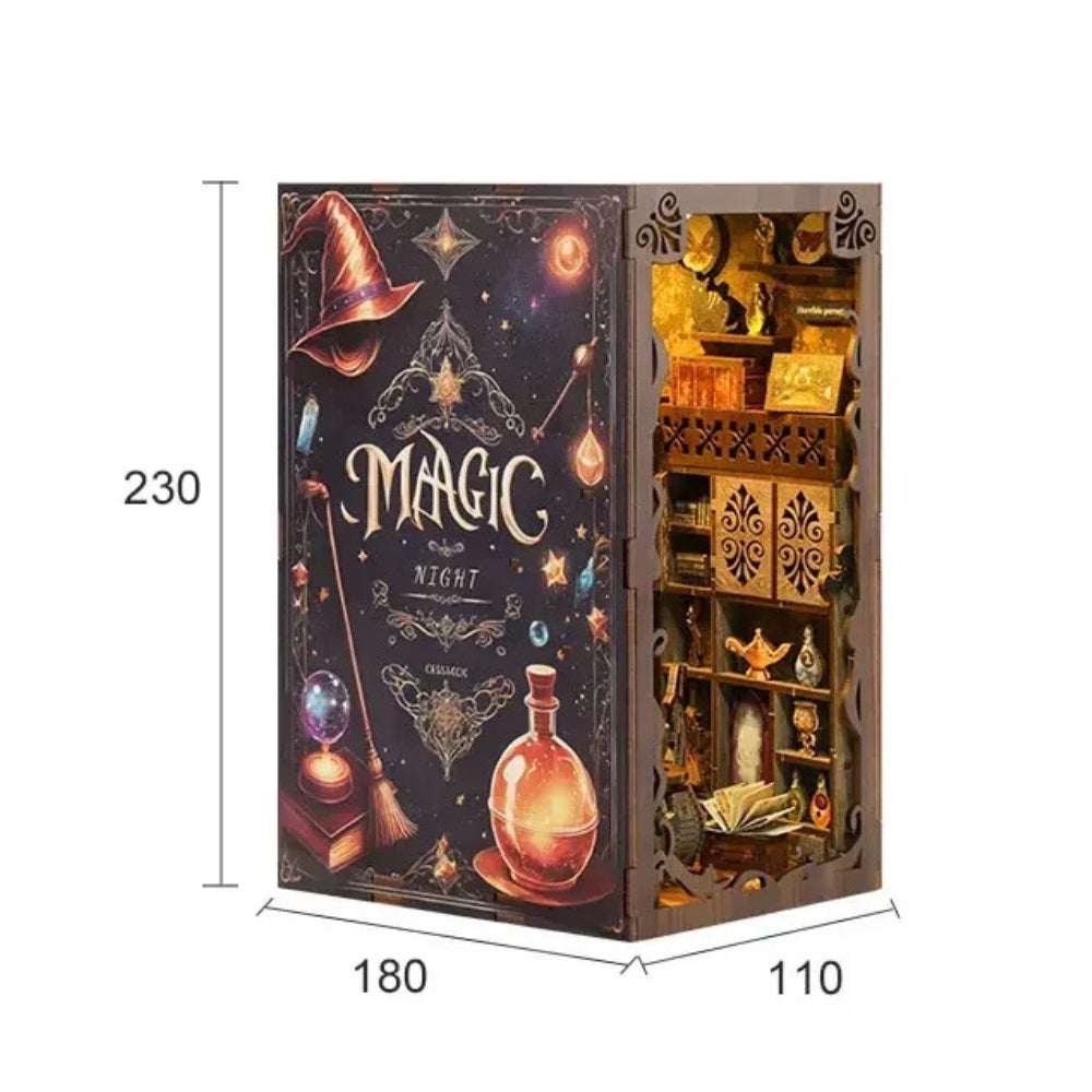 Magic Night book nook dimension diagram with its decorated side cover visible.