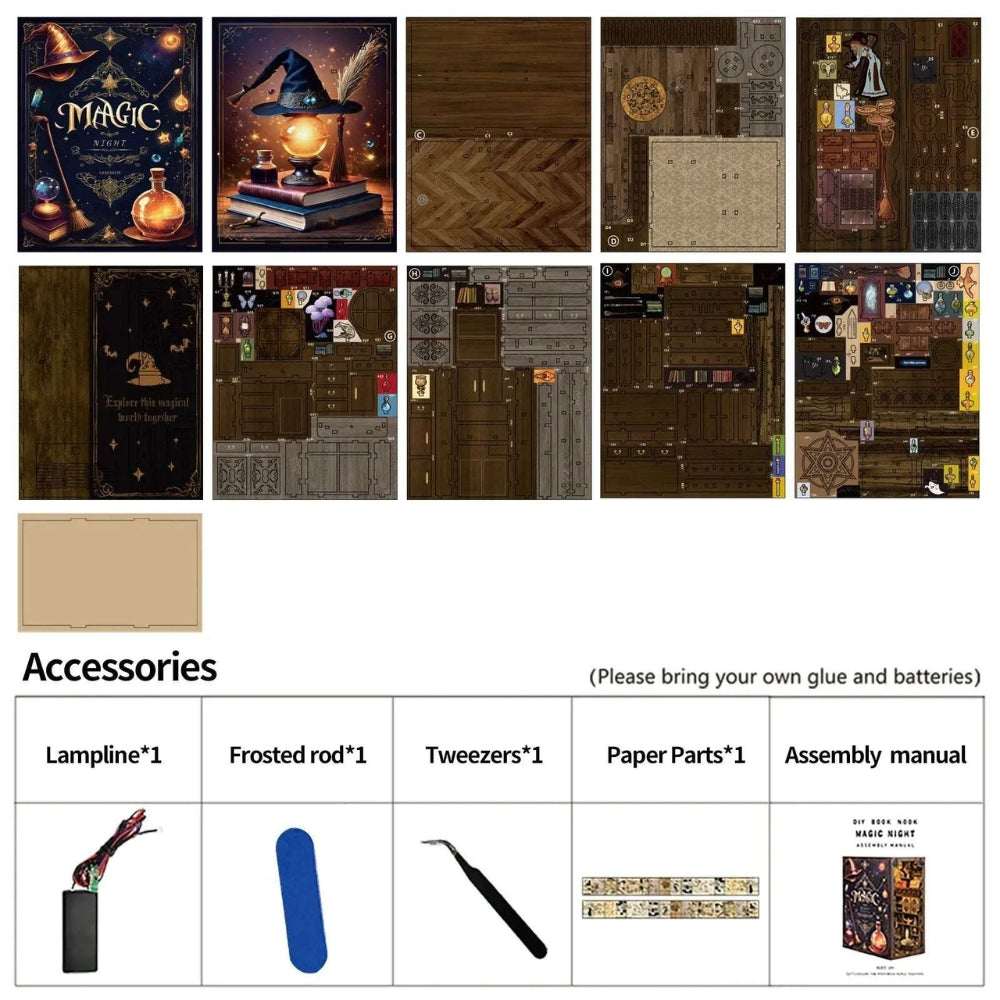 Magic Night kit panels and accessories arranged with an illustrated contents list.