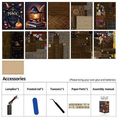 Magic Night kit panels and accessories arranged with an illustrated contents list.