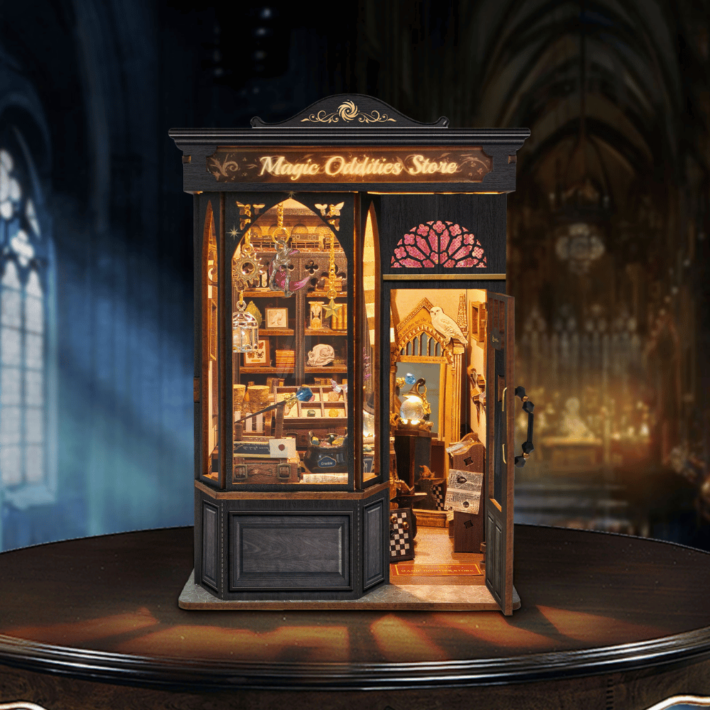 Magic Oddities Store dark storefront book nook with a glowing display window and open door.