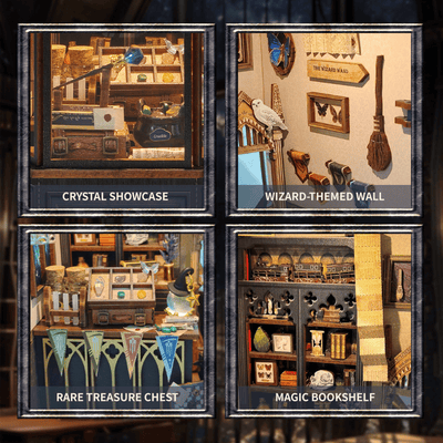 Magic Oddities Store details showing a crystal display, wizard-themed wall, treasure chest and bookshelves.