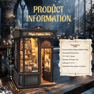 Magic Oddities Store specification card with finished dimensions.