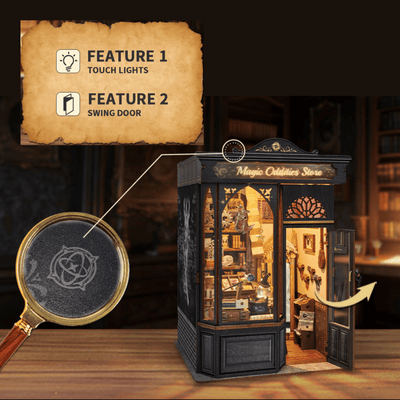 Magic Oddities Store feature illustration showing the touch-lighting control and swinging door.