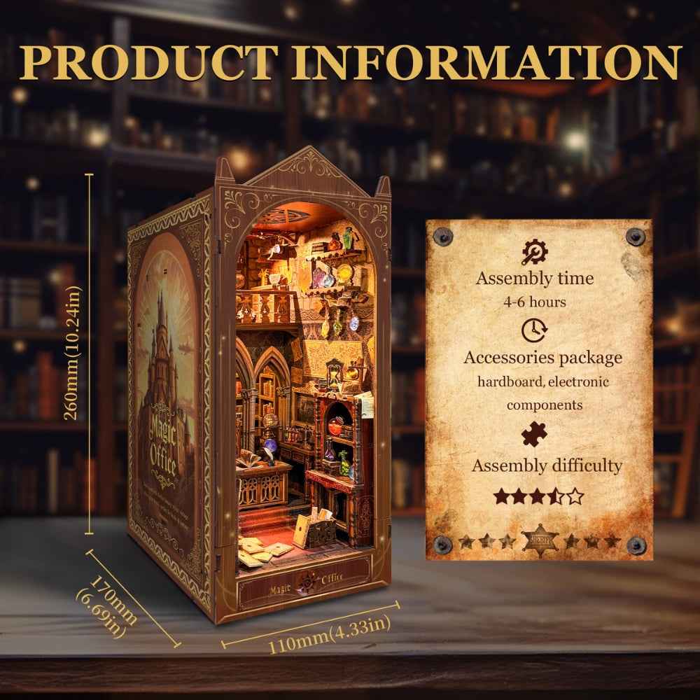 Magic Office specification card showing the finished book nook and dimensions.