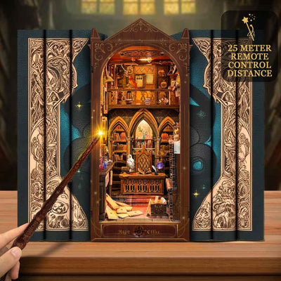 Magic Office lighting-control demonstration with a wand beside the completed book nook.