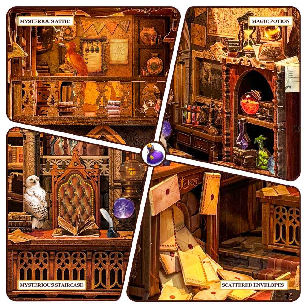 Magic Office details showing an attic, potion shelves, ornate chair and scattered envelopes.