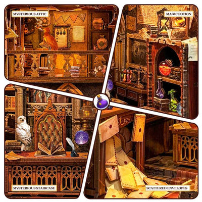 Magic Office details showing an attic, potion shelves, ornate chair and scattered envelopes.