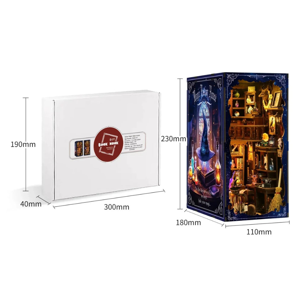 Magic Potion House model and kit packaging shown with dimension measurements.