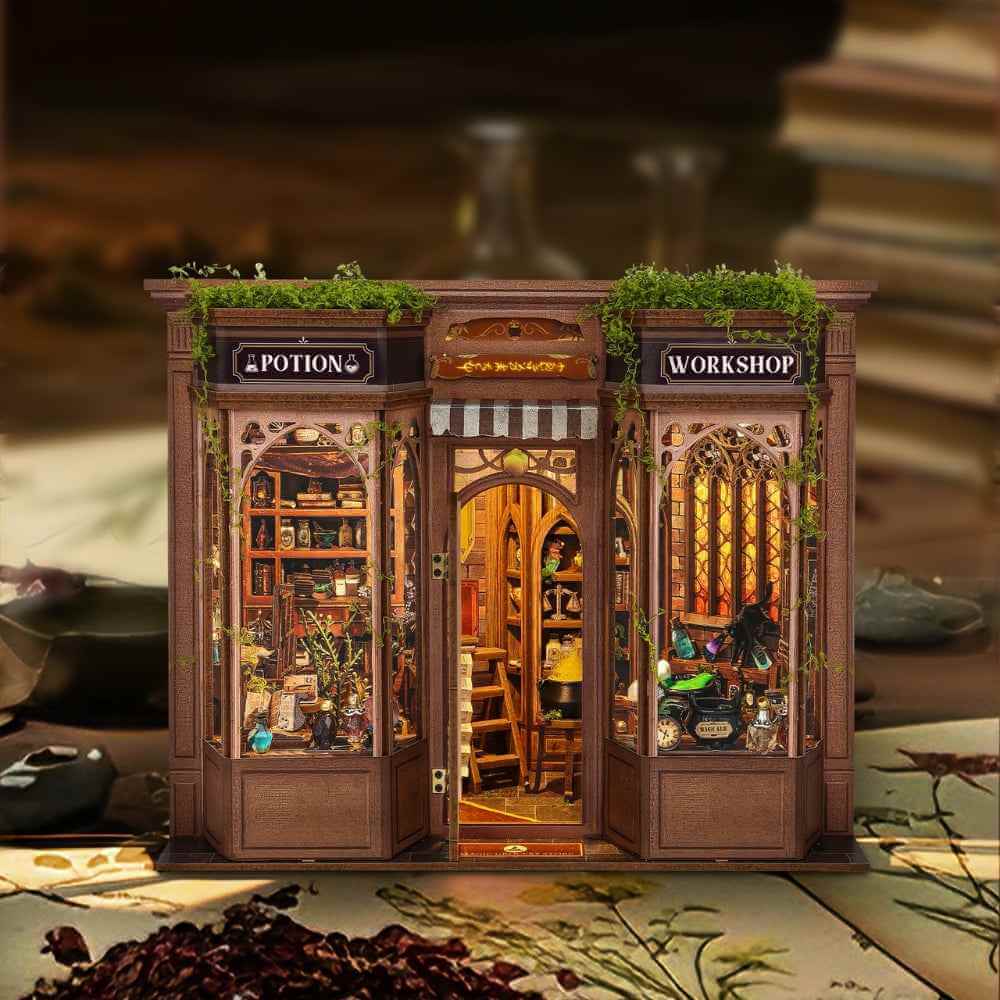 Magic Potion Workshop storefront edition with miniature bottles behind two display windows.