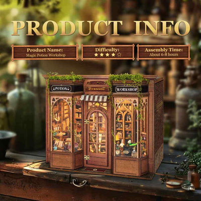 Magic Potion Workshop specification card beside the illuminated storefront.