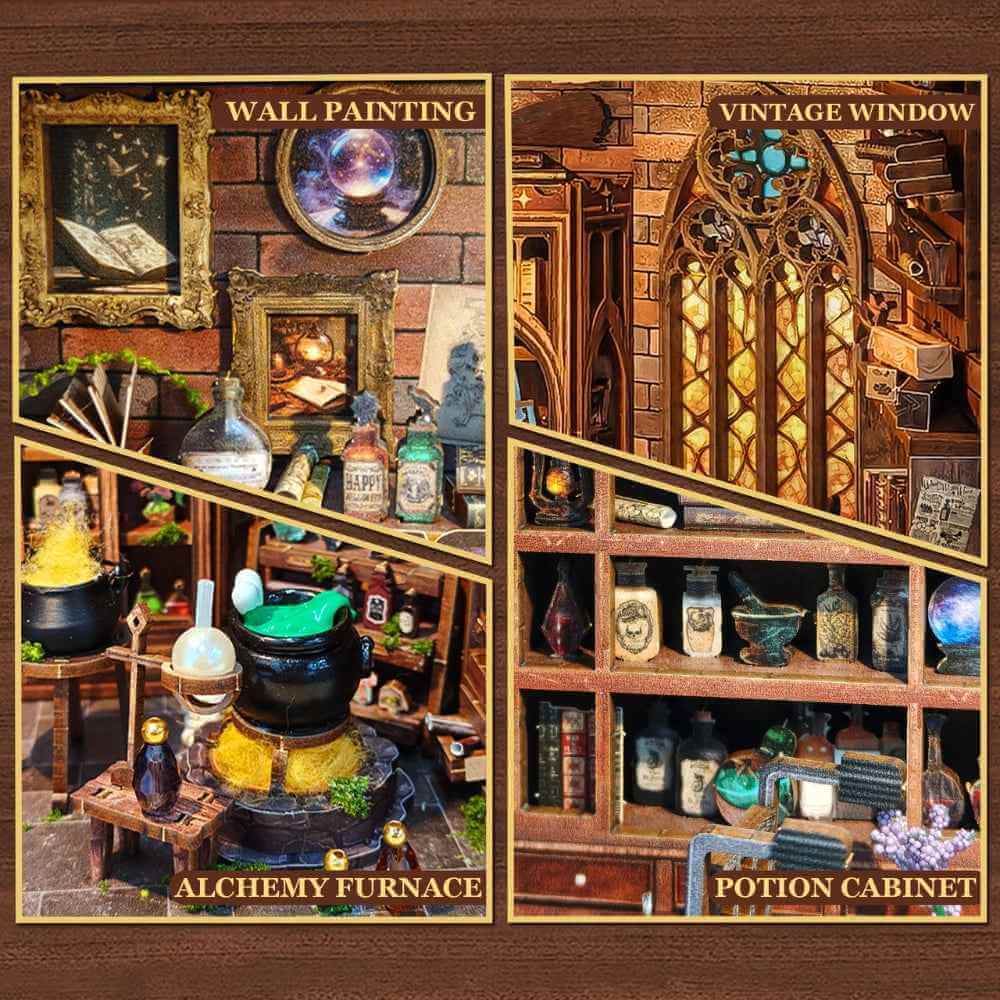 Magic Potion Workshop details showing wall art, a tall window, cauldron and potion cabinet.