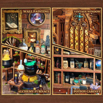 Magic Potion Workshop details showing wall art, a tall window, cauldron and potion cabinet.