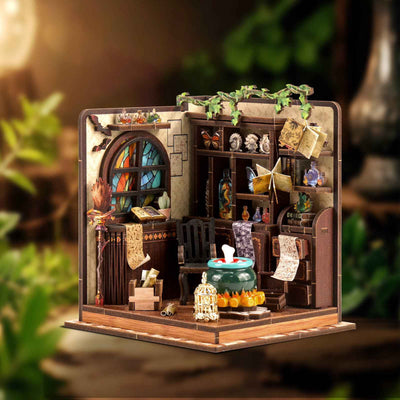 Magic Potion Workshop miniature room with a stained-glass-style window, shelves and a green cauldron.