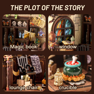 Magic Potion Workshop details showing a floating book, window, lounge chair and cauldron.