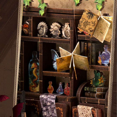 Magic Potion Workshop shelves with miniature skulls, bottles and suspended open books.