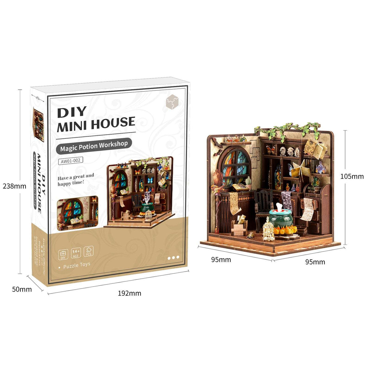 Magic Potion Workshop model and kit-box dimension diagrams.