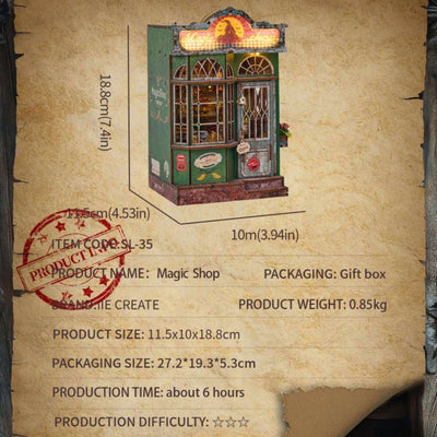 Magic Shop specification card with finished dimensions and packaging information.