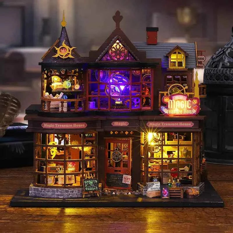 Magic Treasure House miniature shop with purple upper windows and illuminated display shelves.