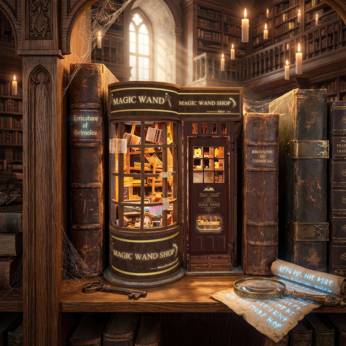 Magic Wand Store book nook with a curved shop window and warm-lit miniature wand displays.