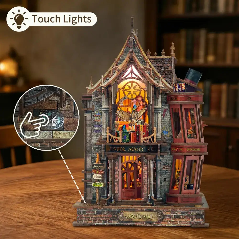 Magic Wonder House with a close-up of its touch-lighting switch.