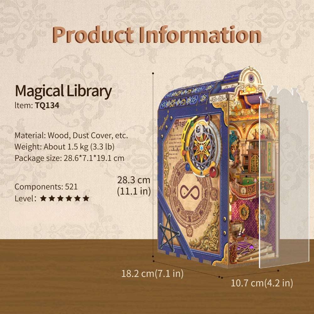 Magical Library product information card with finished dimensions.