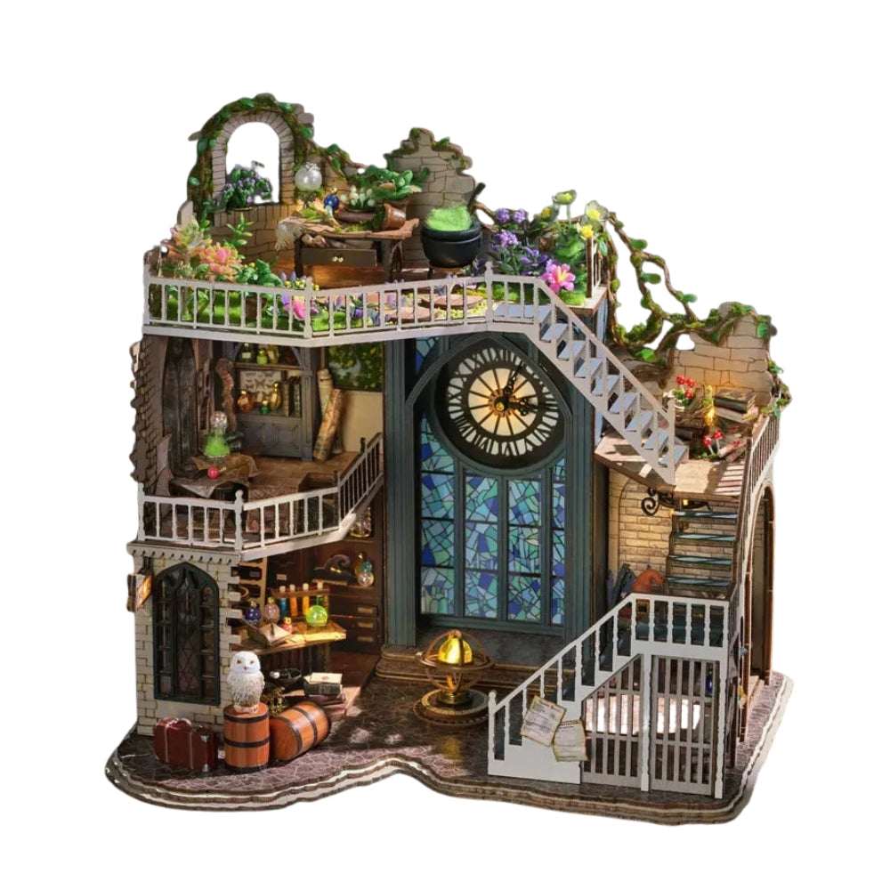Magician's Hut model against a white background, showing its open rooms and wraparound stairs.