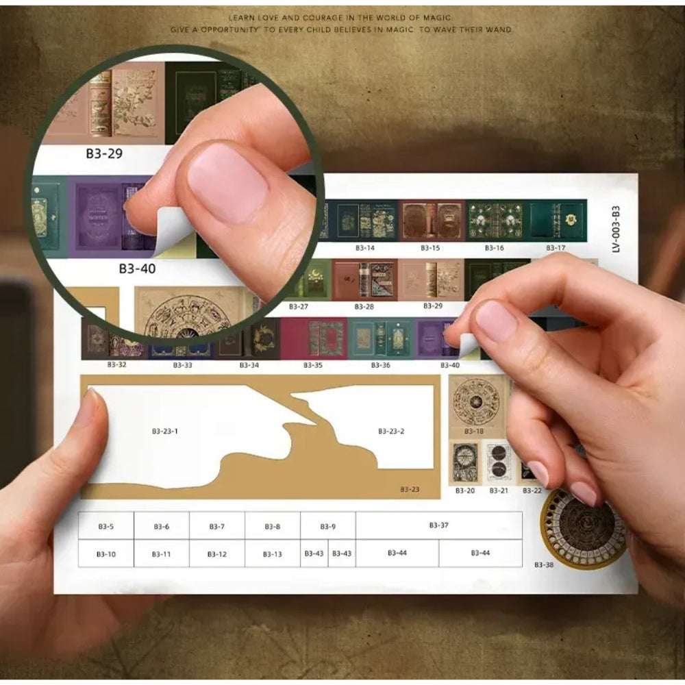 Hands comparing a small Magician's Hut component with illustrated assembly instructions.