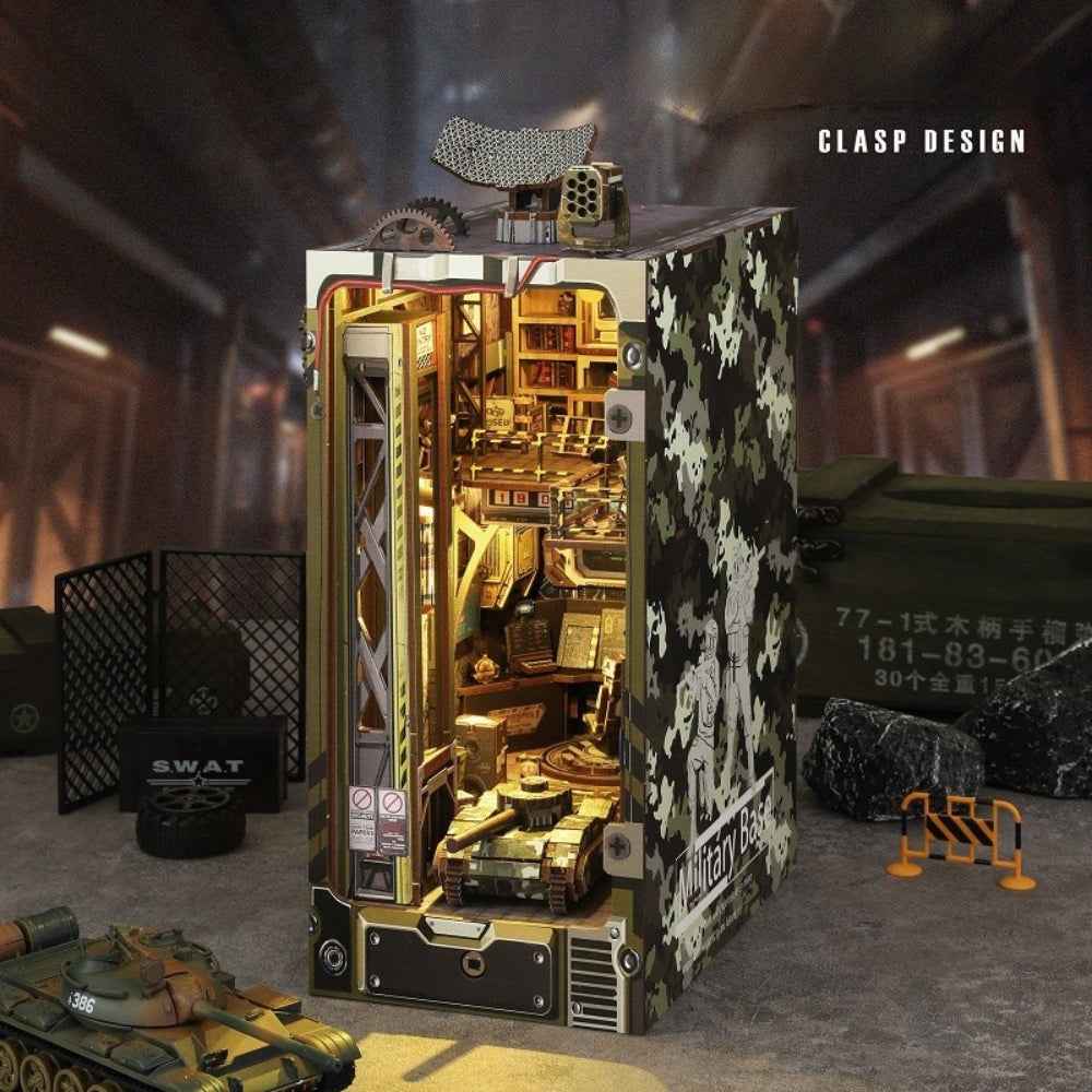Military Base book nook with camouflage side panels and a miniature tank in the foreground.