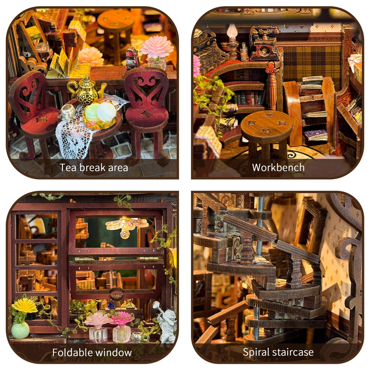 Mocha Diary details showing a tea table, workbench, folding window and spiral stair.