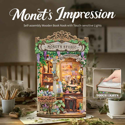 Monet's Impression with a touch-switch inset and warm lighting inside the studio.