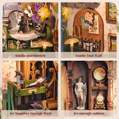 Monet's Impression details showing the workbench, tool wall, art supplies and storage cabinet.