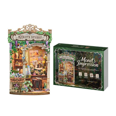 Monet's Impression book nook beside its green illustrated packaging.