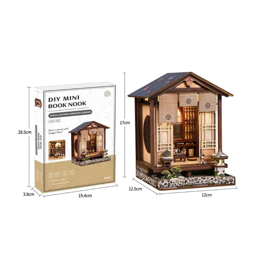 Moss-Lantern Harmony Garden model and kit-box dimension diagrams.