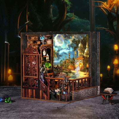 Mystic Chamber opened book nook with miniature magical rooms beneath an illustrated moonlit city.