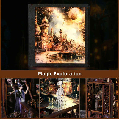 Mystic Chamber illustrated backdrop above close-ups of a wizard figure and miniature magical interior.