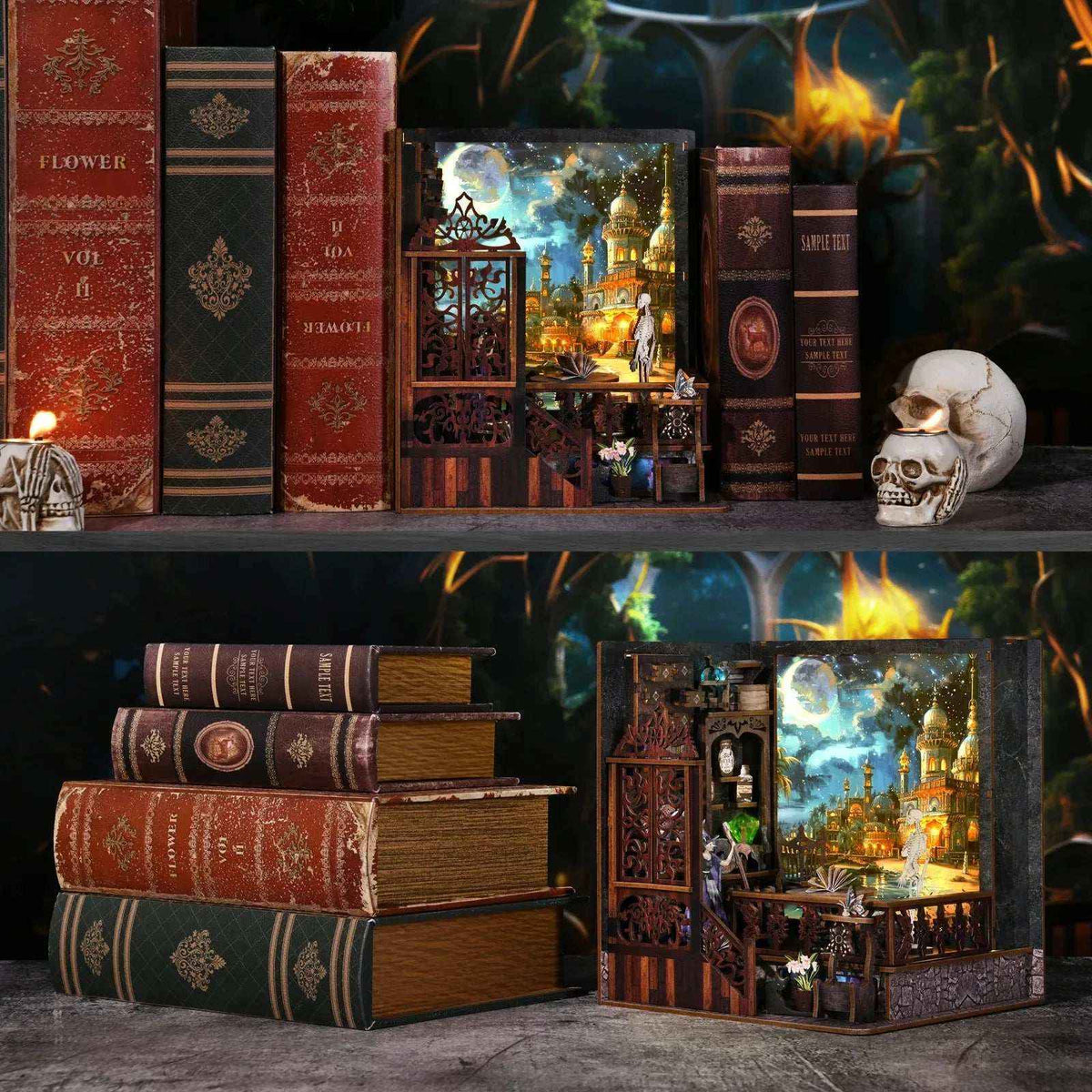 Mystic Chamber book nook displayed among books with an illuminated fantasy scene inside.