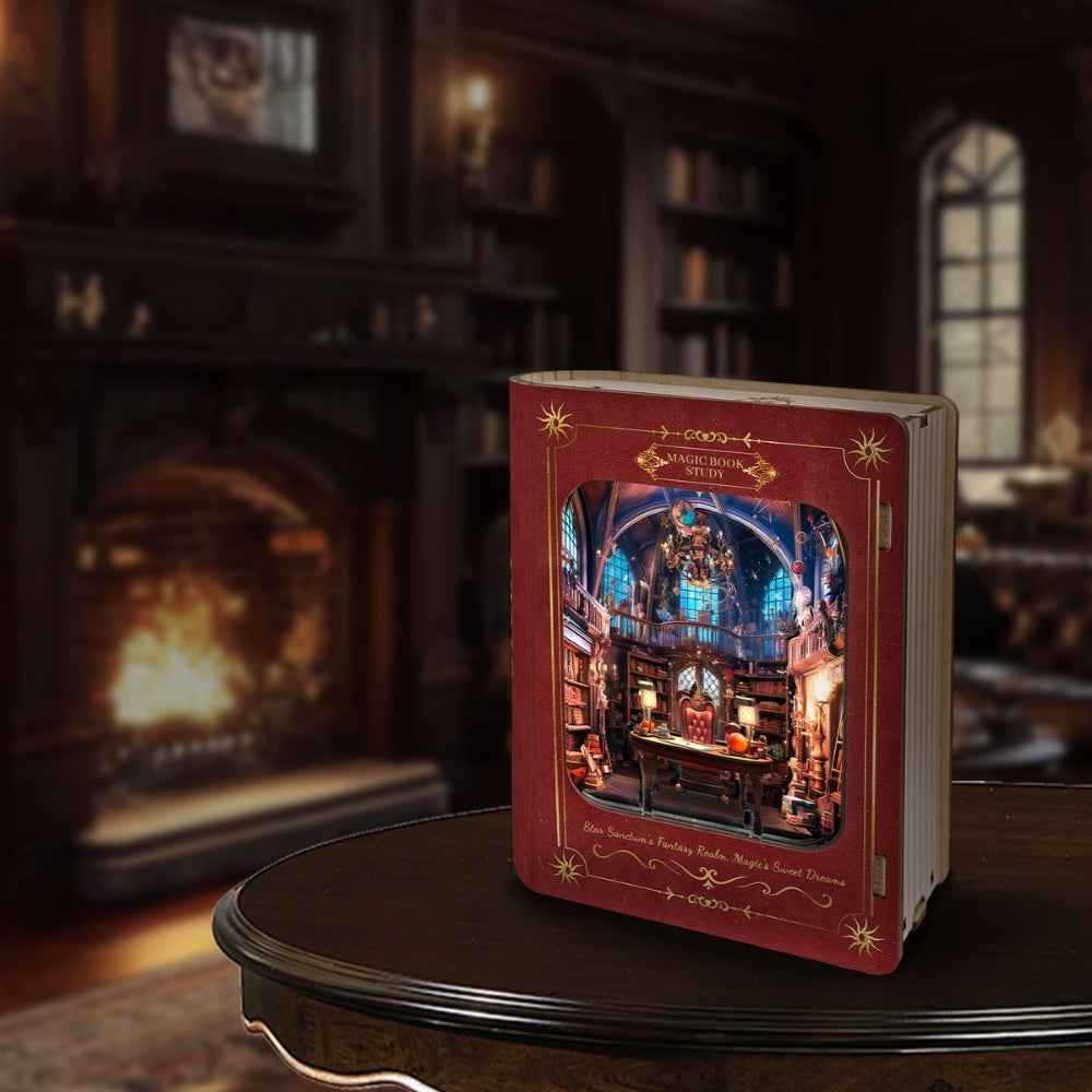 Mystic Realm magical-study nightlight displayed on a round table near a fireplace.