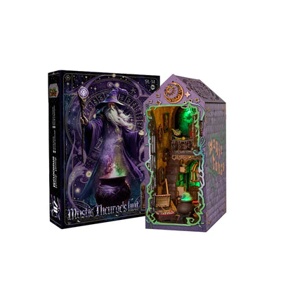 Mystic Theurge's Hut book nook beside its illustrated purple kit box.