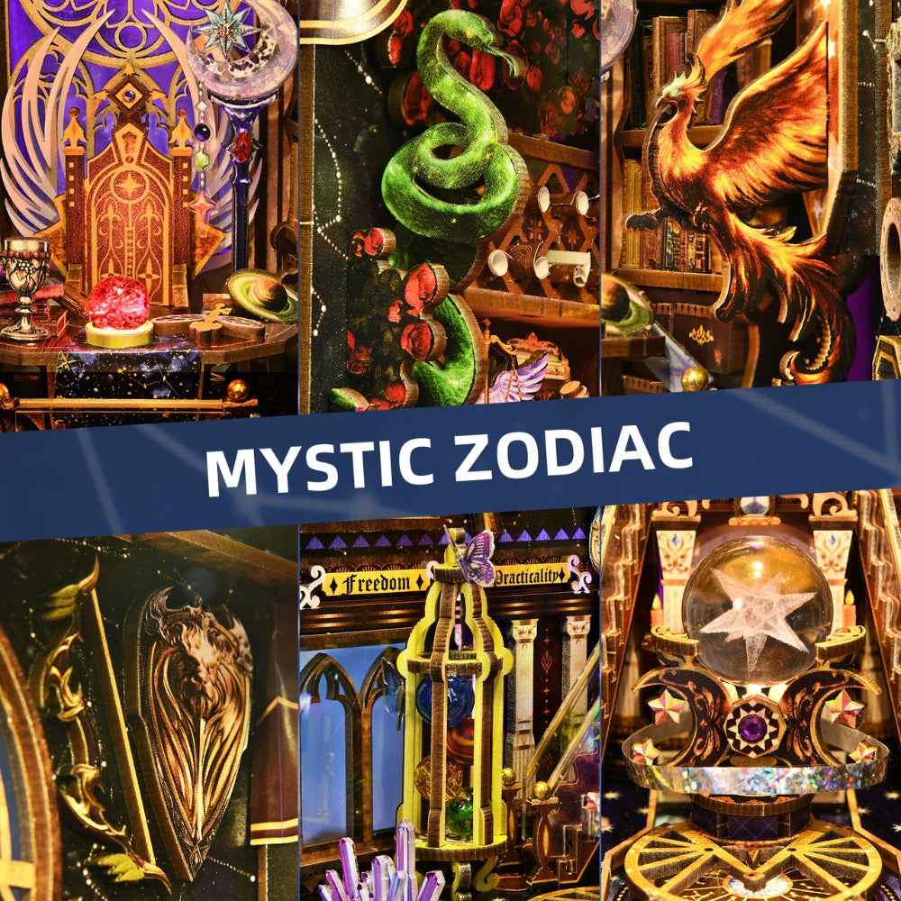 Mystic Zodiac details showing a purple doorway, green serpent, golden bird and celestial instruments.