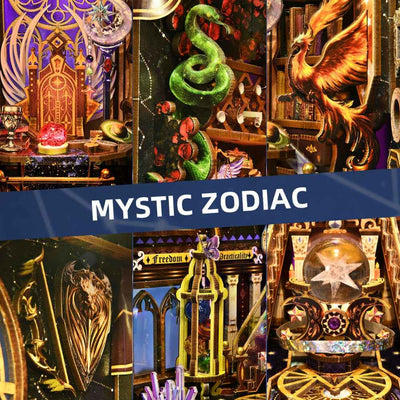 Mystic Zodiac details showing a purple doorway, green serpent, golden bird and celestial instruments.