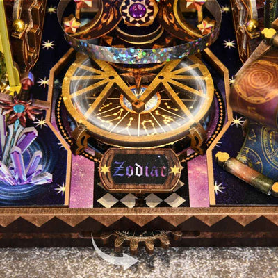 Close-up of the illuminated zodiac dial at the base of Mystic Zodiac.