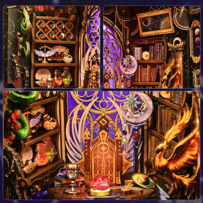 Mystic Zodiac interior with potion shelves, an ornate purple doorway and gold-and-green creature decorations.
