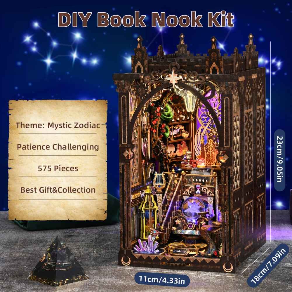 Mystic Zodiac specification graphic with the finished book nook and dimensions.