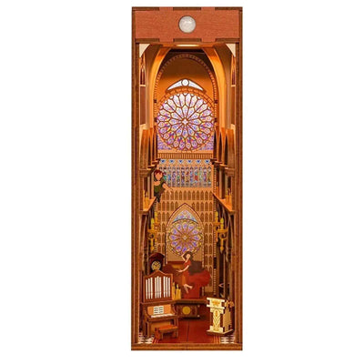 Front view of the Notre-Dame de Paris book nook with two rose windows and cathedral details.