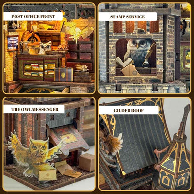 Owl Post Office details showing the service counter, stamp window, owl messenger and gilded roof.